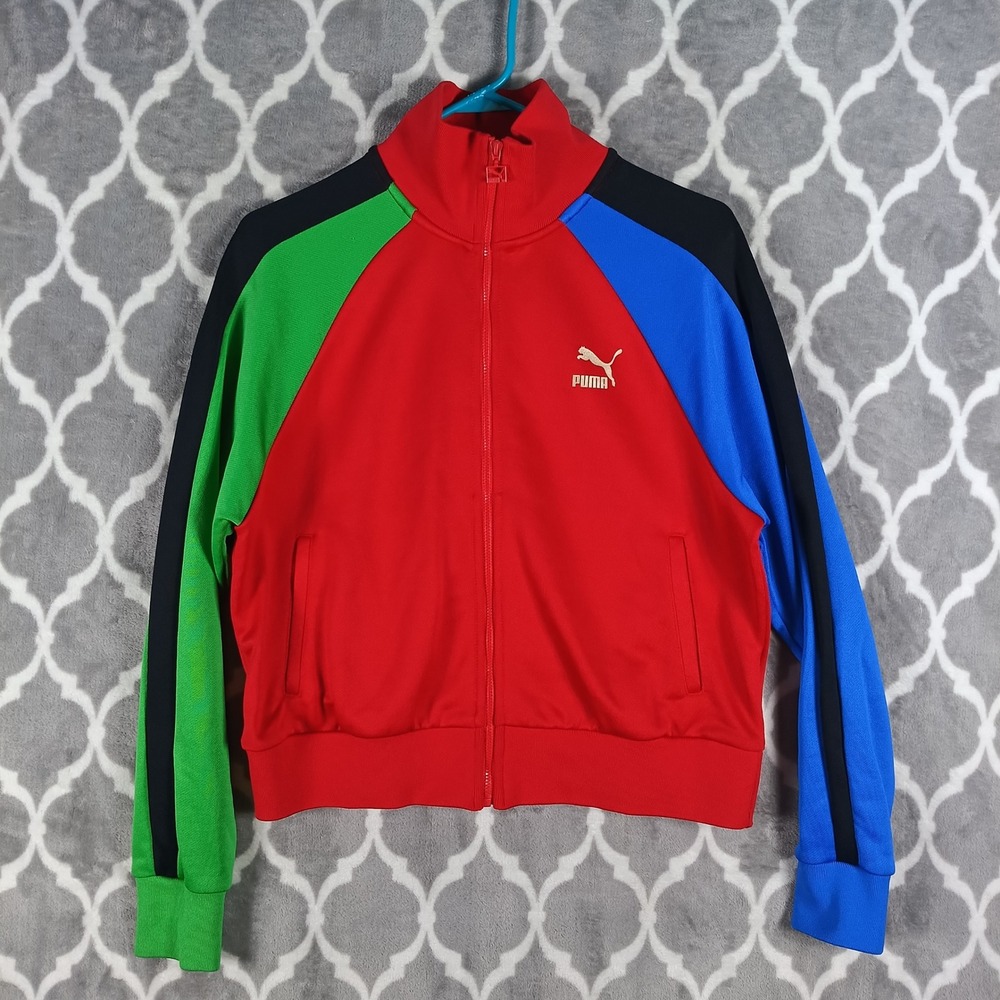 Puma Track Jacket Women Medium Red Blue Colorblock T7 Full Zip Activewear